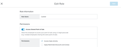 Employees > Edit Role, Make a selection for "Apply Restricted Discounts and Comps"