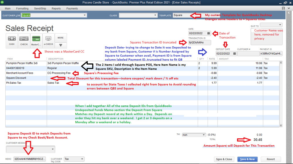 An imported Sales Transaction from Square POS to QuickBooks Desktop using TPI