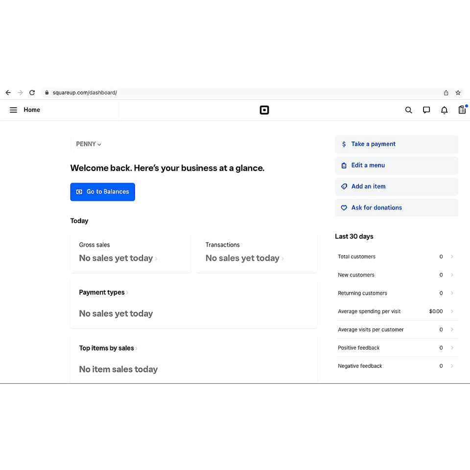 How to update your business hours from a desktop browser. Note the account pictured is a Square account.
