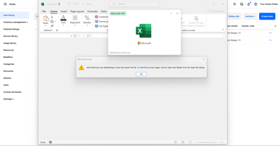 View 3: Excel attmepts and fails to repair, suggest using the Open And Repair command