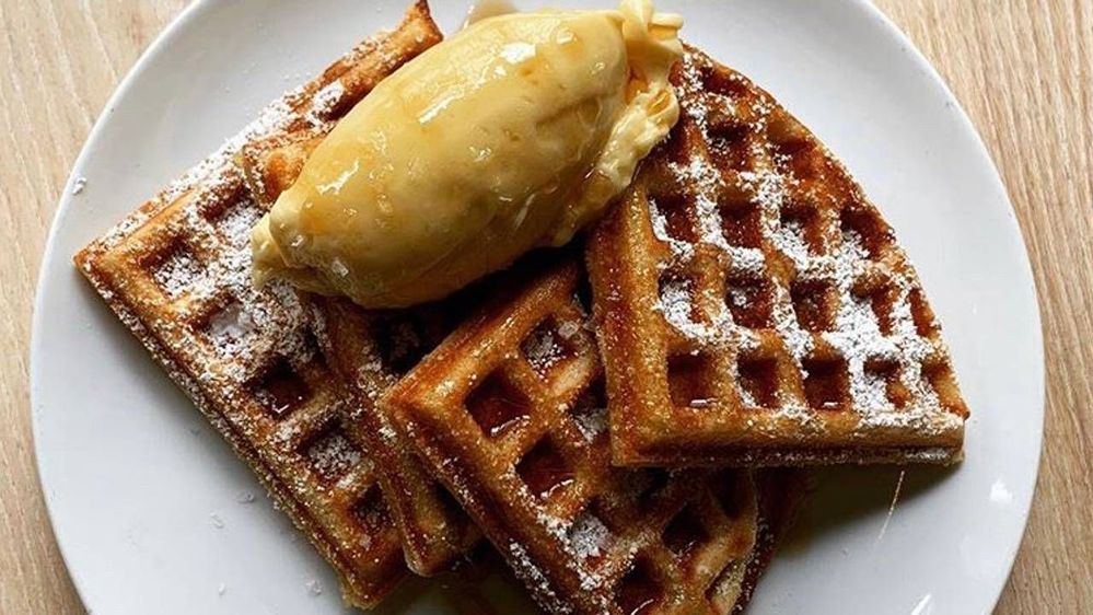 Waffles w/ salted maple butter for brunch and meal kits