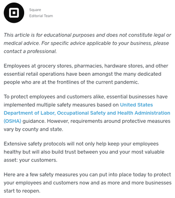 A preview of the Town Square blog "5 Ways Retailers Can Maintain A Safe and Healthy Workplace for Employees". Click the link to read the full post!