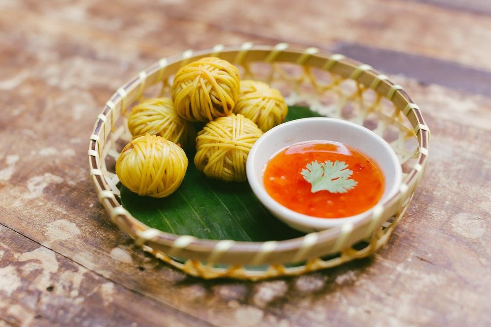 Moo Sorong at Wayla, crispy noodle wrapped meatballs