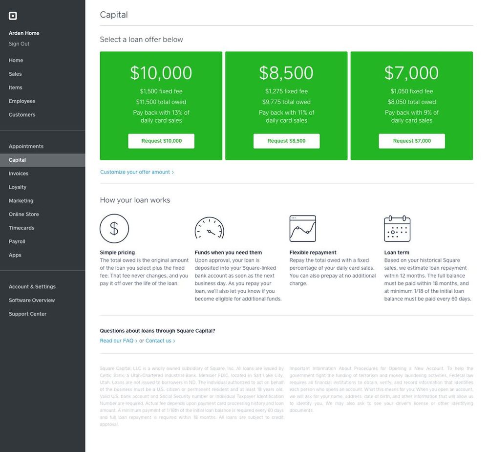 Square Dashboard Offer Page
